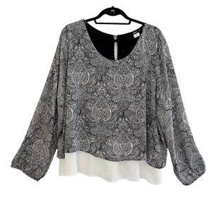 ING+ Top 3X Black Paisley Layered 3/4 Sleeve Round Neck Keyhole Back Made in USA